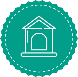 Turquoise badge featuring a dog house