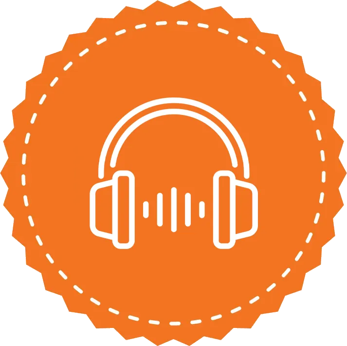 Orange badge featuring icon of headphones